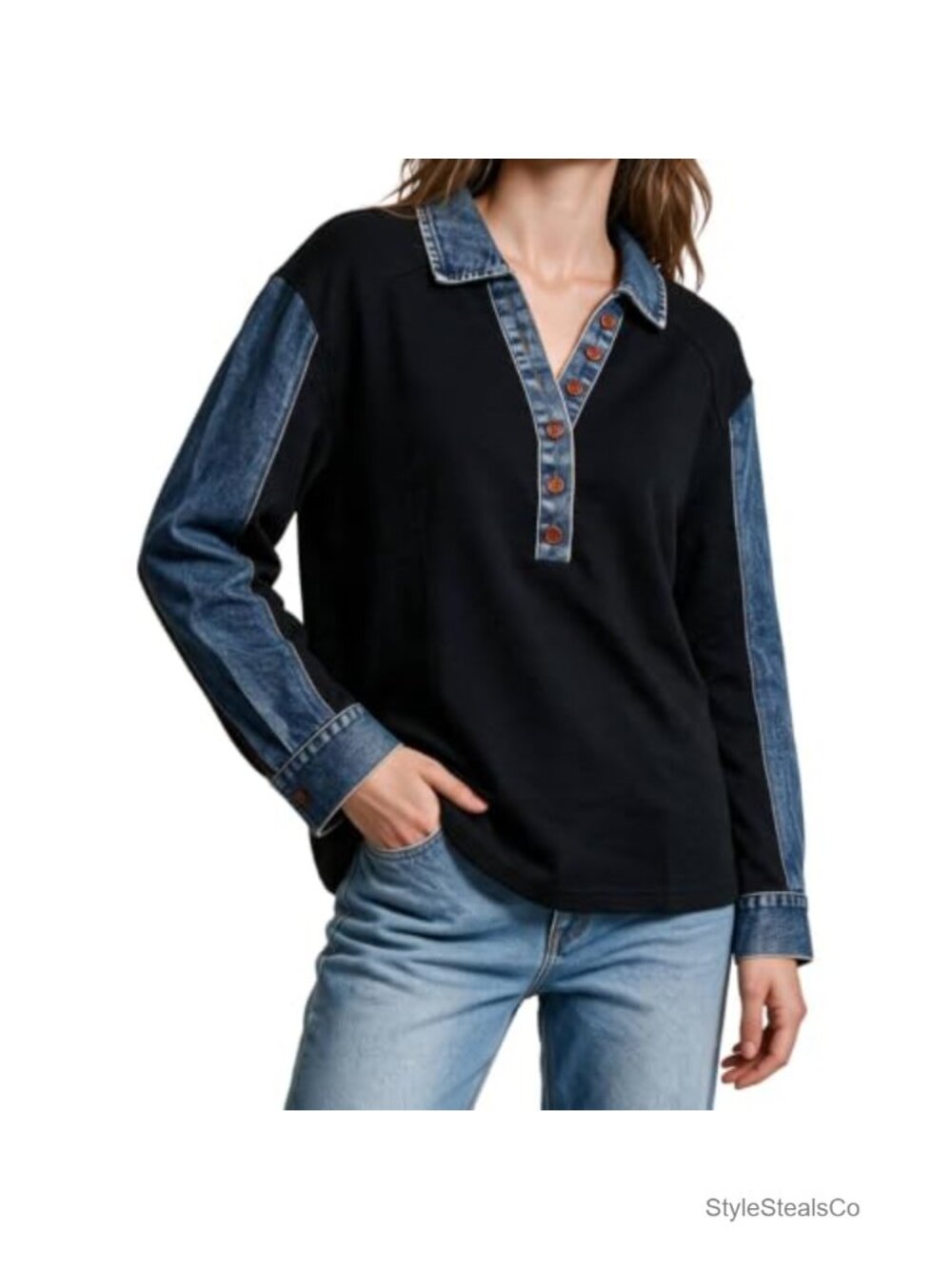 Oversized Denim Patchwork Sweatshirt Quarter Button Collared Pullover